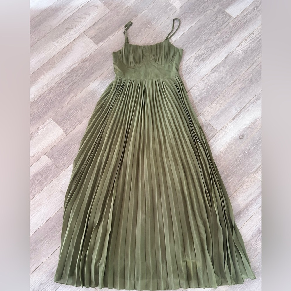 Olive Green Pleated Maxi Dress - Women